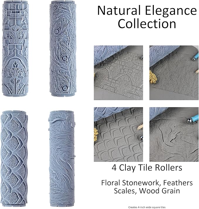Natural Elegance 4-Pack Clay Texture Rollers (4") - Seamless Set #02 - Embossing Pattern Rollers for Polymer & Ceramic Clay, Pottery & Crafts