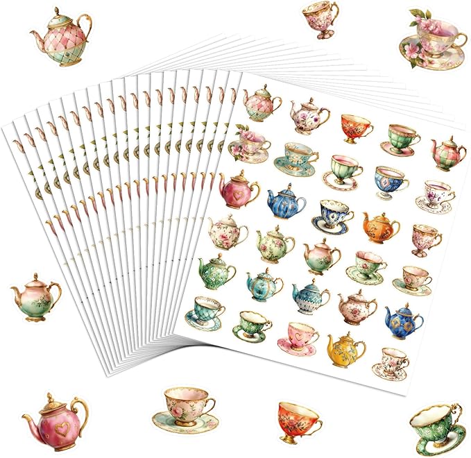 300 Pcs Vintage Tea Cups Stickers Rustic Mini Tea Time Stickers Party Favors Aesthetic Waterproof Vinyl Decals Pack for Water Bottles Scrapbooking Laptop Luggage Phone Skateboard