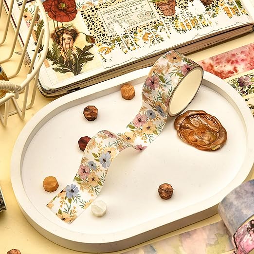 8 Rolls Retro Washi Tape Set Vintage Arts Adhesive Tapes Wide Painting Patterned Decorative Masking Tape Sets for Craft, Kids, Scrapbook, DIY, Gift Wrapping (Flowers & Plants)