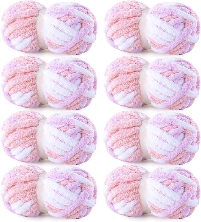 HOMBYS Pink,Purple,White Chunky Chenille Yarn for Hand Knitting,Fluffy Soft Jumbo Yarn Crocheting,Super Bulky Big Yarn for Chunky Blanket,Large Thick Arm Knitting Yarn,8 Pack Plush Yarn