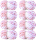 HOMBYS Pink,Purple,White Chunky Chenille Yarn for Hand Knitting,Fluffy Soft Jumbo Yarn Crocheting,Super Bulky Big Yarn for Chunky Blanket,Large Thick Arm Knitting Yarn,8 Pack Plush Yarn