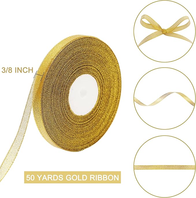 50 Yards Gold Glitter Ribbon 3/8 Inch, Sparkly Thin Solid Fabric Ribbon for Gift Wrapping, Crafts, Holiday Wedding Birthday Party Decoration Floral Bouquet, Metallic Gold Ribbon Roll