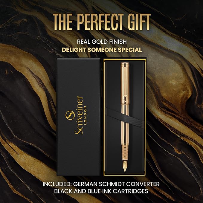 Scriveiner Luxury Fountain Pen - Stunning Luxury Pen, Real Gold Finish, Schmidt Gilded Nib (Fine), Converter, Best Pen Gift Set for Men & Women, Professional, Executive, Office, Nice Pens