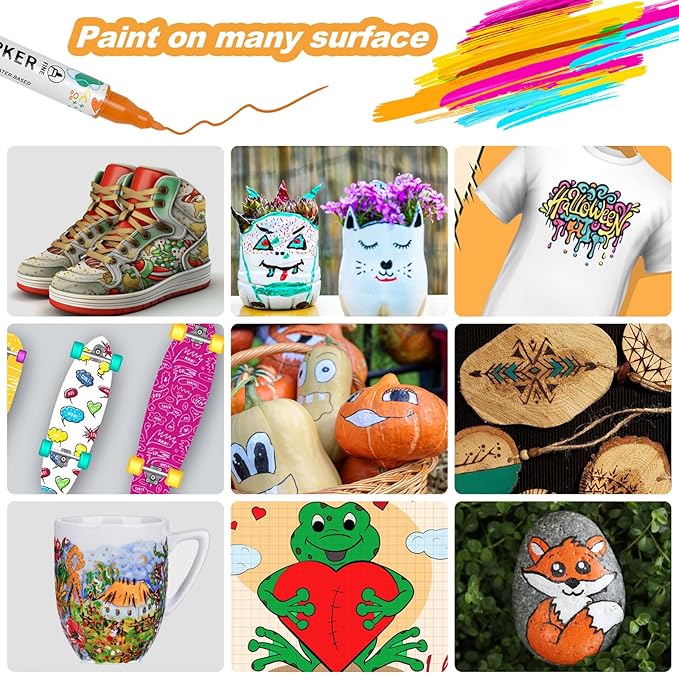 24 Colors Acrylic Paint Pens, Dual Tip Acrylic Paint Markers for Paper, Wood, Canvas, Stone, Rock Painting, Glass, Fabric, DIY, Ceramic, Art Supplies for Adults Drawing (Dot + Fine)