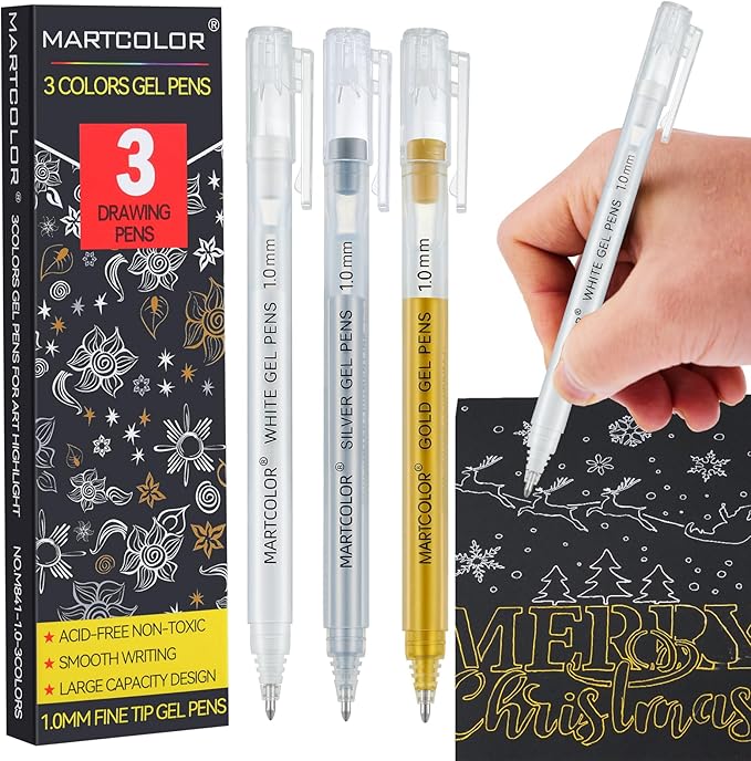 Gold Silver White Gel Pens, 1.0 Fine Point Opaque Archival Ink Pen for Black Paper Drawing, Art Highlight, Illustration, Bullet Journaling, Card Making & DIY Projects, 3 Pack