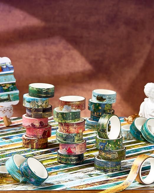 YUBX Landscape Washi Tape Set in Oil Painting Style 20 Rolls Scenery Drawing Masking Gold Foil Graphic Decorative Tapes for Arts, DIY Crafts, Journals, Planners, Scrapbook, Wrapping (Classic)