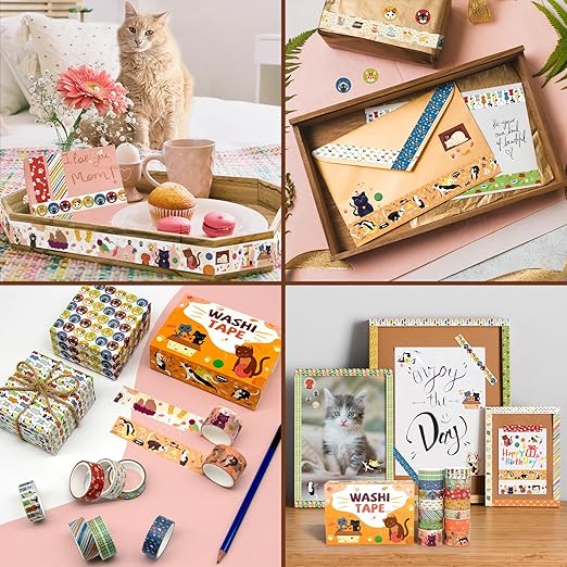 Cute Washi Tape Set - 14 Rolls Kawaii Animals Decorative Masking Tape,Adhesive Tape for Bullet Journal,DIY Craft,Scrapbooking Supplies,Gift Wrapping,Party Decoration