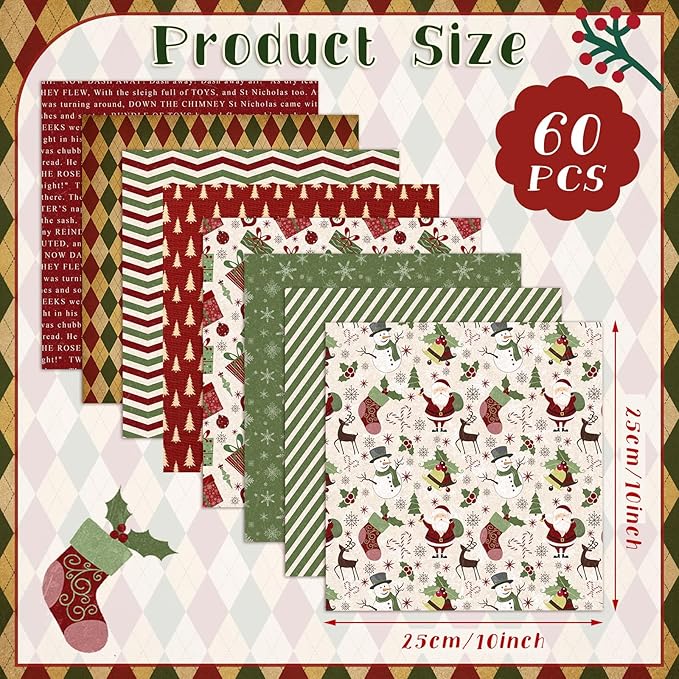 Oudain 60 Pcs 10 x 10 Inch Christmas Vintage Stripe Quilting Fabric Squares Vintage Xmas Fat Patchwork Precut Strips Santa Deer Fabric Bundles for Xmas DIY Craft Sewing