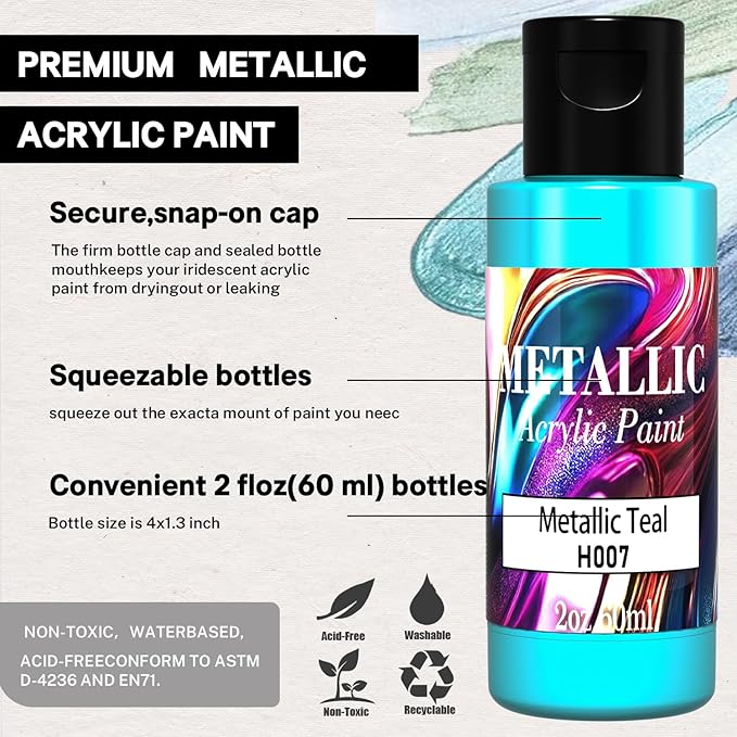 Metallic Acrylic Paint Set of Premium 30 Colors, Professional Metallic Paint with 2 fl oz（60ml） Bottles