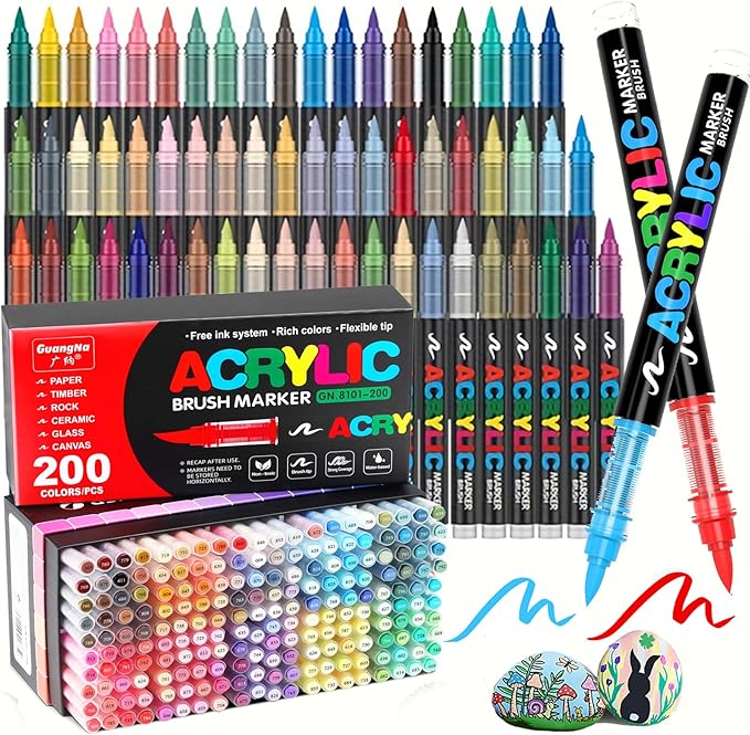 200 Colors Acrylic Paint Markers, Soft Brush Tip Acrylic Paint Pens for Stone, Wood, Glass, Rock Painting, Canvas, Ceramic, DIY Crafts Art Supplies (200)