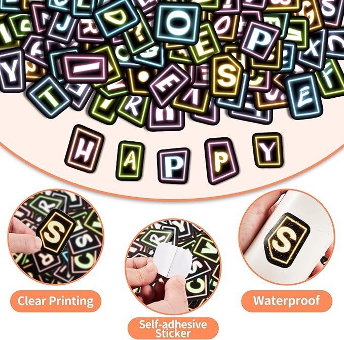 70 Pcs Alphabet Neon Stickers for Kids, Vinyl Letters A-Z Water Bottle Decals for Teens, Waterproof Skateboard Decor for Adults Kids Girls Boys