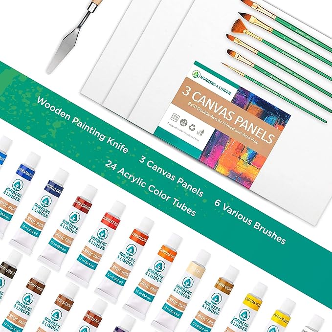 Norberg & Linden Acrylic Paint Set - Canvas and Acrylic Paint Sets for Adults, Teens, Kids - Includes 24 Vivid Colors, 3 Painting Canvas Panels, 6 Assorted Brushes & 1 Paint Knife