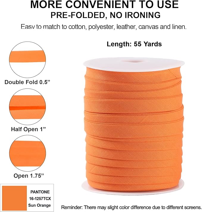 Bias Tape Double Fold 1/2 inch, Double Fold Bias Binding Tape 55 Yards (Orange) and 4 Pieces Sewing Fabric Chalks for Crafts, Sewing, Seaming, Hemming, Piping, Quilting.