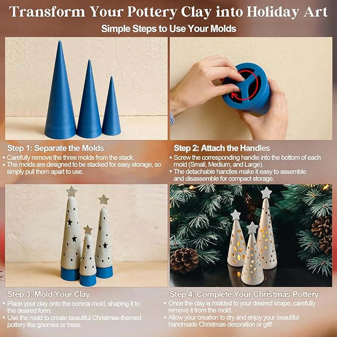 3 Size Exclusive Cone Pottery Molds for DIY Christmas Tree, 4.1'' x 12'', 3.8'' x 9.8'', 3.2'' x 8.6'' Removable Handle & Non-Warping Plastic, Shaping Tool for Art Making