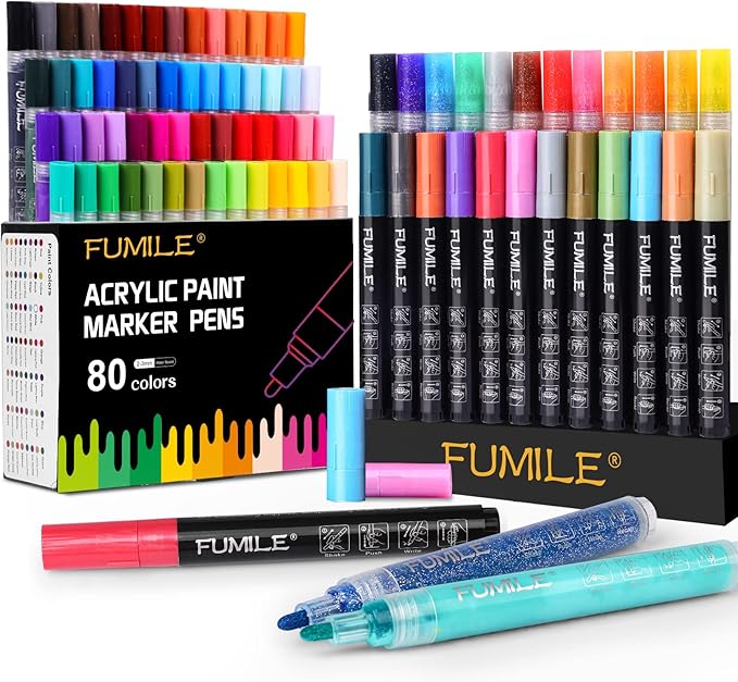 FUMILE Acrylic Markers Paint Pens, 80 Colors Paint Markers include Metallic Color (12 PCS), Blink Color (12 PCS) and Normal Color (56 PCS). For Rock,Metal,Plastic,Glass,Canvas,Ceramic,Wood,And More