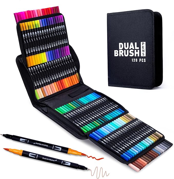 Dual Markers Brush Pens, 120 Coloring Pens for Adults – Premium Art Supplies for Adults, Perfect for Coloring Books, Hand Lettering, Calligraphy, and Drawing