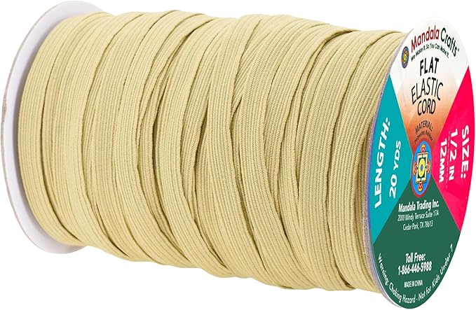 Mandala Crafts 12mm 20 Yds Roll of Beige Elastic Bands for Sewing - 1/2 Flat Elastics Cord - 1 2 Inch Braided Stretch Straps for Crafting