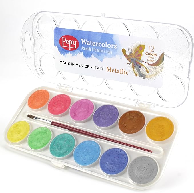 Pepy Watercolor Paint; Set of 12 Colors; Includes Brush & Closable Mixing Tray, Metallic Pearlescent Multicolor