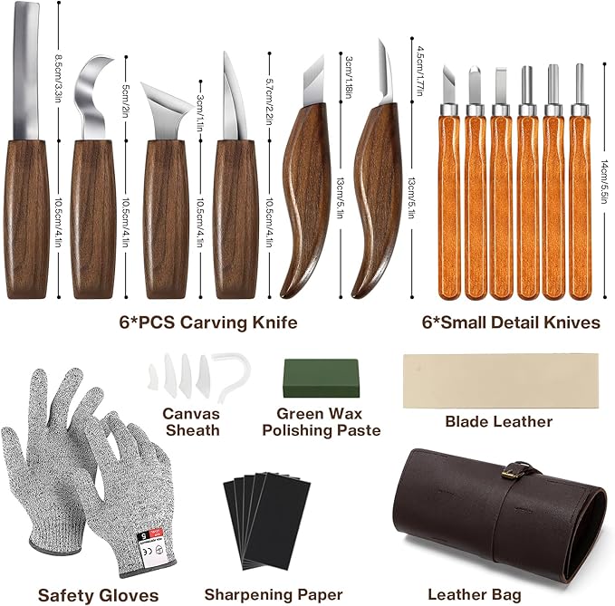 Wood Carving Tools, 17Pcs Wood Carving Kit with PU Storage Bag with 6Pcs Whittling Knives & 5 Detail Carving Knives for Adults Carving DIY