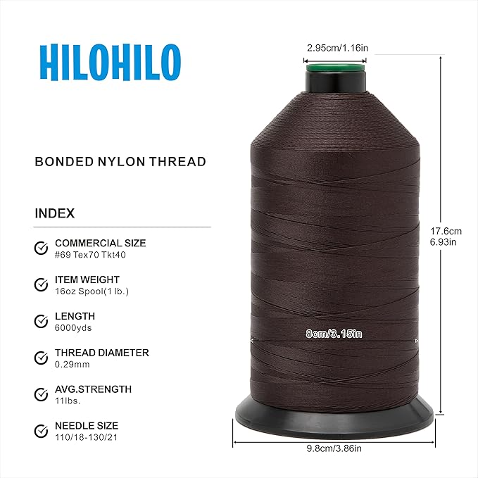 Extra Strong Bonded Nylon Thread #69 Tex70 – 16 OZ, 6000yds, Versatile Stitching Solution for Leather, Upholstery, Canvas Repair and More (Dark Brown)