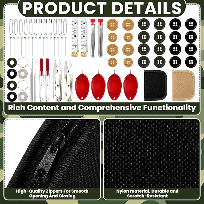 Suncalla Military Survival Sewing Kit Tactical with Buttons Durable Nylon Portable Small Sewing Kit for Men Women Complete Thread Needle Repair Tools for Travel Field Emergency(Black Brown,2)