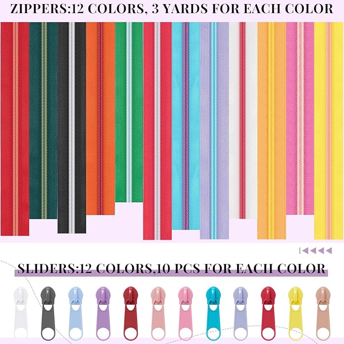 Solsew 12 Pcs 36 Yards Colourful Zippers for Sewing #5 Nylon Contrasting Colors Assorted Zipper by The Yard with 120 Sliders for Women Men DIY Tailor Bag Garment Crafts Supplies (Bright Color)