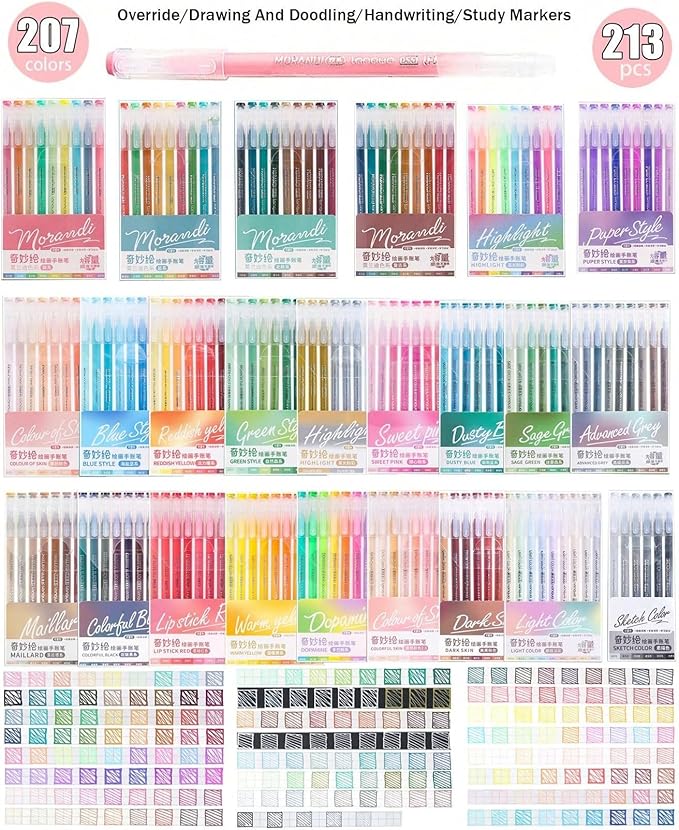 207 Colors Gel Pens with Fine Point for Adult Coloring Books, Colors Stackable Acrylic Pens for Journals, Drawing, Writing and Student Supplies