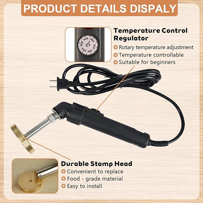 Terwex Custom Electric Branding Iron for Wood, Black Temperature-Controlled Wood Branding Iron Personalized Metal Stamp, Logo Branding Irons Letter Stamp for Leather Food, Woodworking Tools(2.5")