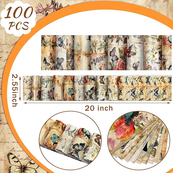 Ganeen 100 Pcs Vintage Butterfly Quilting Fabric Roll 2. 56 Inch Fabric Squares Jelly Patchwork Precut Strips Bundles for Holiday Materials Craft DIY Sewing Cloths