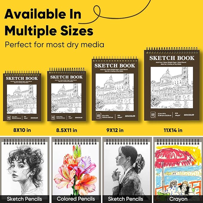 Soucolor 9" x 12" Sketch Book, 100 Sheets Top Spiral Bound Sketchbook with Acid-Free 68lb/100gsm Drawing Paper, Artist Sketch Pad for Kids, Adults & Teens Painting, Drawing, 1 Pack