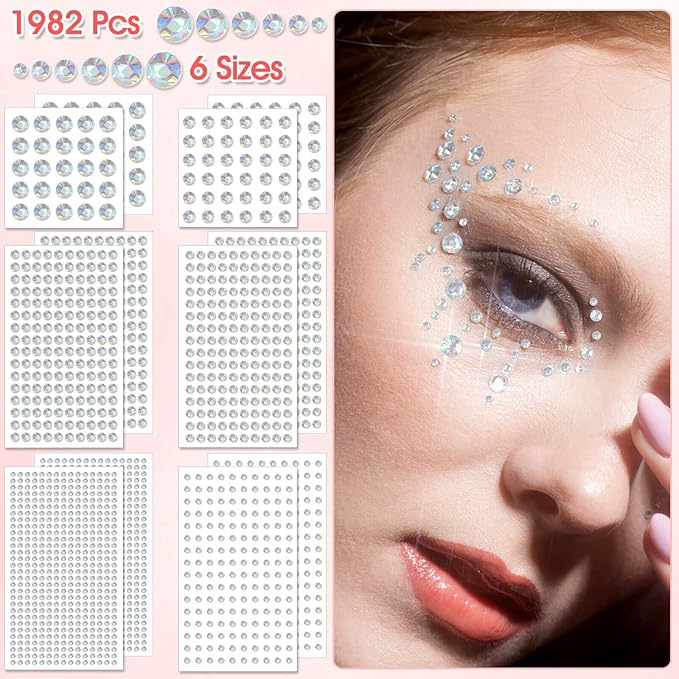 1982 Pieces Crystal AB Hair Rhinestones Stickers, Self Adhesive Face Rhinestones Stick on Bling Gems Jewels Stickers for Hair Face Body Makeup Clothes Shoes Bags DIY Craft, 6 Sizes