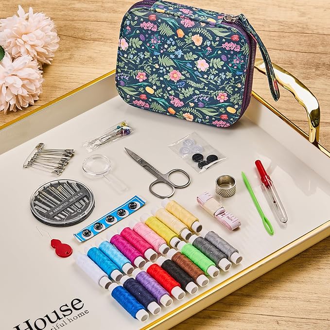Bobode Sewing Project Kits Mini Sewing Kit Printing Needle and Thread Set (Tulips Pattern Travel Sewing Kit for Adults,Professional Basic Sewing Supplies for Arts Craft DIY,Emergency, Home Beginners)