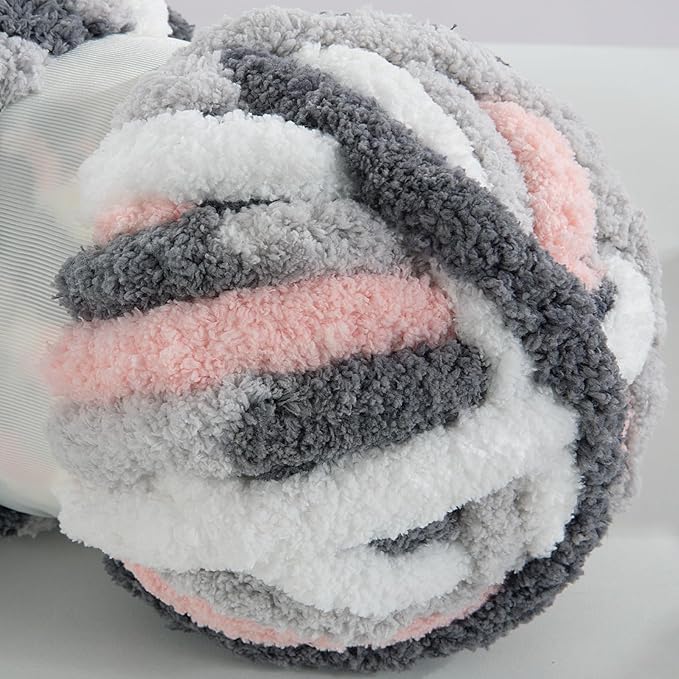 Hombys 8 Pack Giant Chunky Yarn for Crocheting/Hand Knitting - Super Bulky, Soft, Fluffy, Plush Fuzzy Yarn - Tie Dye, Mixed Color Thick Chenille - Dark Grey, Pink, White