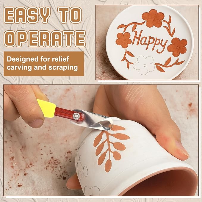 Lanties Pottery Carving Tools Set Include 5 Stainless Steel Blades & Red Pear Wood Handle, Sculpture Scraper Craft Modelling Tools for Clay, Ceramic Sculpting, Graffito, Relief Art(U-tip)