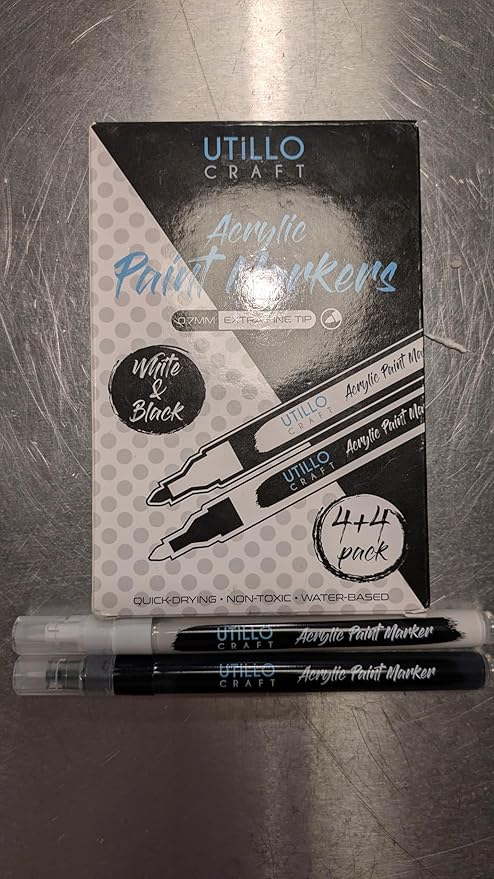 Utillo Craft White and Black Paint Pen (8-Pack) for Rock Painting, Wood, Glass, Tire, Canvas, Metal, Fabric | Extra Fine 0.7mm Tip Made in Japan | Bold Color Acrylic Paint Markers Perfect Art DIY Gift