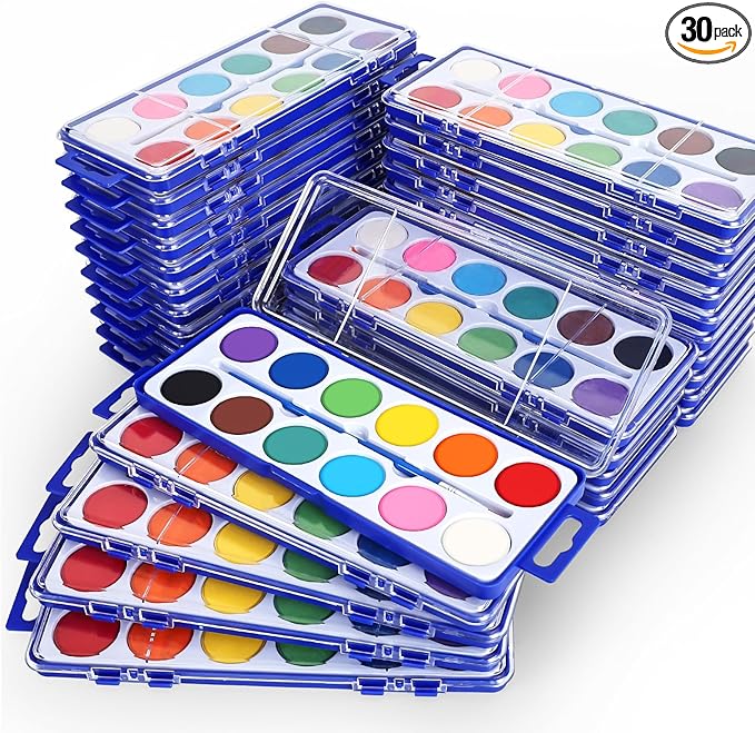30 Pack Watercolor Paint Set, 12 Colors Watercolor Paint Set Bulk with Paint Brushes, Washable Paint, Art Supplies for Classroom, Parties