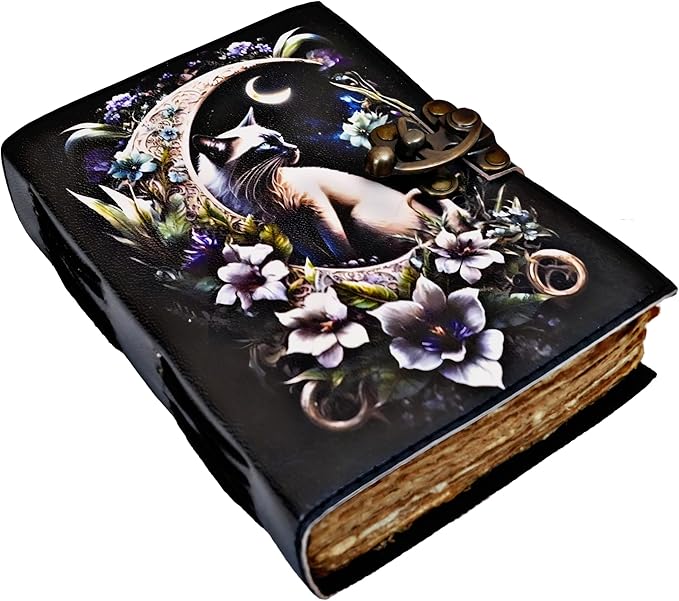 Blank Spell Book of Shadows Journal Little Witch Cat Printed Witchcraft Supplies Wiccan Notebook Handmade Vintage Deckle Paper Grimoire Journal Leather Sketchbook, Drawing Journal (7 X 5)