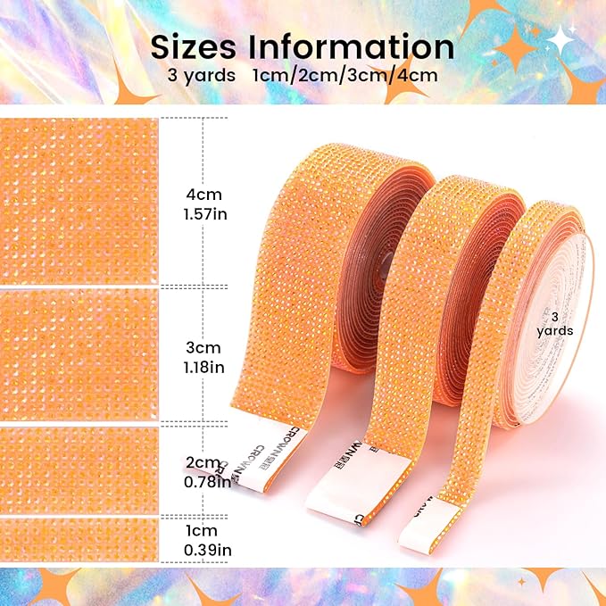 Novani Self Adhesive Rhinestone Ribbon, 1.57 Inch Wide 3 Yards 1 Roll, Orange AB Crystal Diamond Bling Strips for DIY Crafts, Home Decor, Clothing,Shoes, Car Decoration