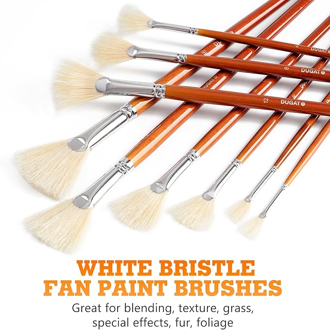 DUGATO Artist Fan Paint Brush Set of 9, White Hog Bristle Natural Hair Anti-Shedding Brush Tips, Long Wooden Handle for Comfortable Holding, Great for Acrylic Oil Painting