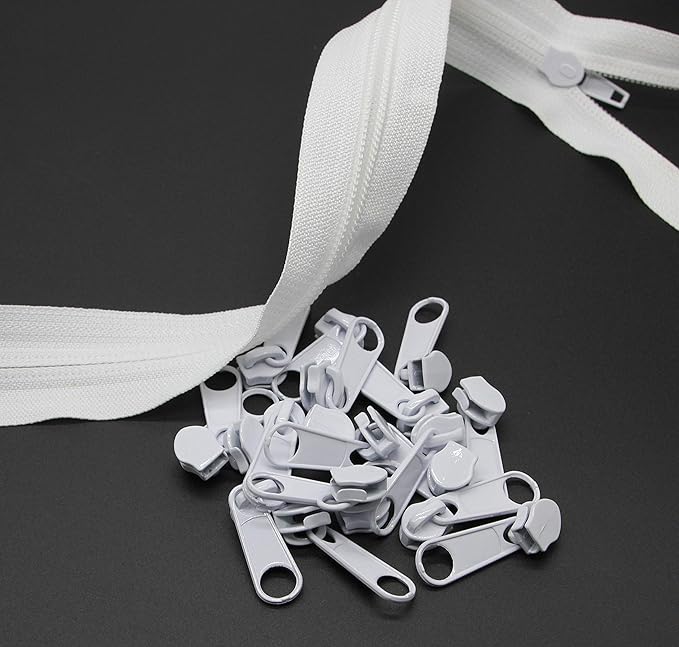 Leekayer #5 White Nylon Coil Sewing Zippers by The Yard Bulk 10 Yards with 25pcs White Sliders for DIY Tailor Sewing Craft,Luggage,Dress,Sofa Cushion, Pillow, Bag(White)