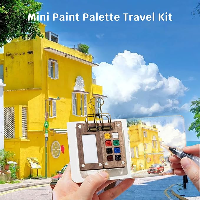 Mini Watercolor Travel Paint Set, Portable Travel Watercolour Kit with Wood 8 Grid Paint Palette, Watercolor Journal, Metal Clip, Multicolor Paint, Water Brush for Painters Artists Students&Beginners