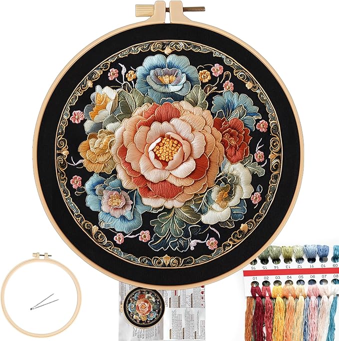 FONNUY Floral Embroidery Kit, Cross Stitch Kits for Beginners, Handmade Crafts with Printed Patterns for Beginner Adults, Easy to Follow Color Thread Needlework, 8'' Hoop (Vibrant Flowers)