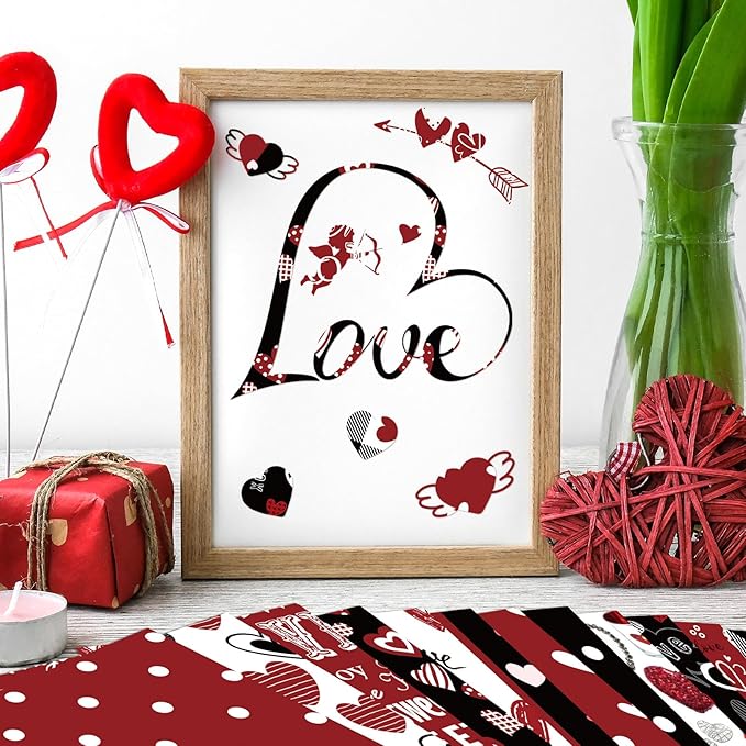Valentines Pattern Paper Double Sided Valentine Decorative Scrapbook Craft Paper,Love Heart Red Black Cardstock for Valentines Craft Supplies Card Making Scrapbook(12 Design,24 Sheet,11 x 11 Inch)