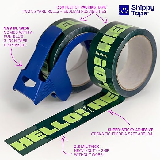2 Rolls + Dispenser Decorative Packing Tape for Small Business, Cute Designer Packaging and Shipping Supplies - Hello! I'm Here, Green, 1.88" x 110 Yards (330 feet), Two 55 Yard Rolls