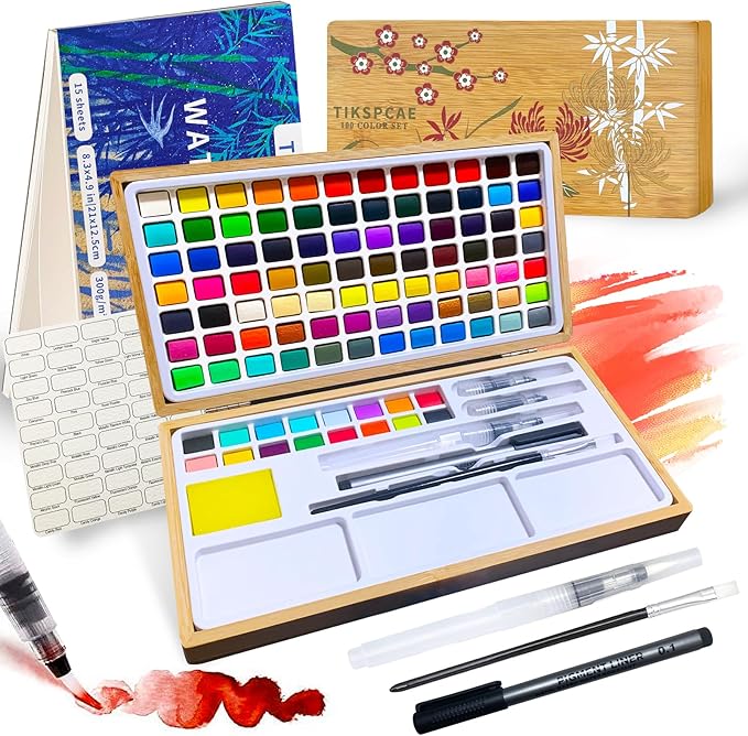 Watercolor Paint Set,100 Colors in Nature Bamboo Box,Portable Water Colors Kit with Papers and Brush Pens,Suitable for Adults, Art Students & Painting Enthusiasts