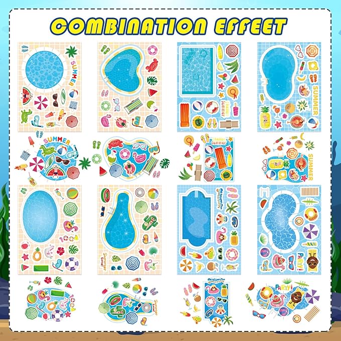 24 Sheets Summer Stickers for Kids, Make a Pool Sticker, Make Your Own Stickers Mix & Match Craft Kit for Summer Party Favors & Activities