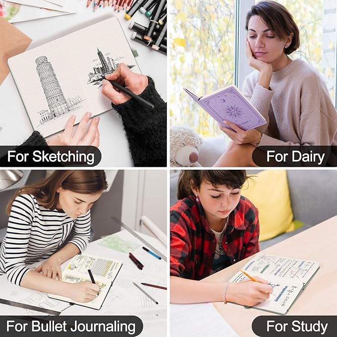 EMSHOI Bullet Dotted Journal Notebook - 320 Pages, 100gsm Thick Paper, A5 Hardcover Leather, Dot Grid Notebook for Women Men Work Writing, Bullet Journaling, Drawing, 5.75 x 8.38, Green