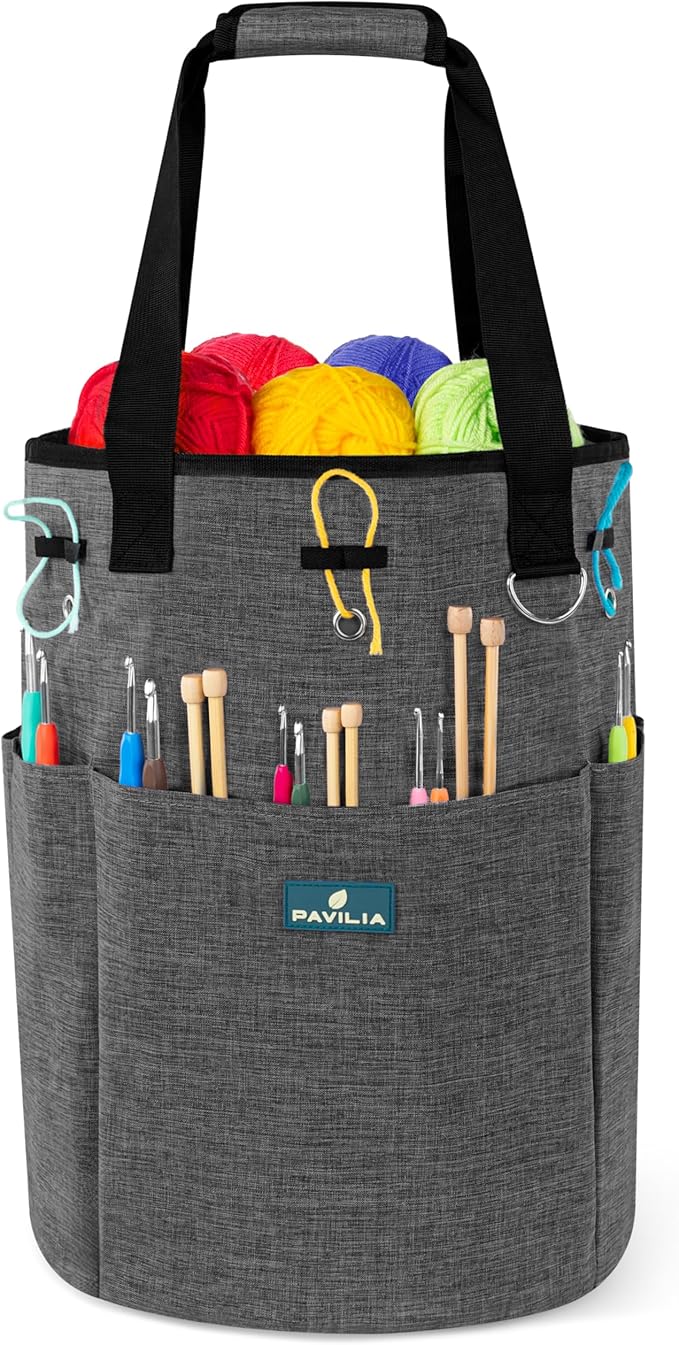 PAVILIA Crochet Bag Knitting Bag Organizer, Yarn Bag Storage Tote for Crocheting On The Go, Knitting Accessories Supplies Holder with Grommets, Gift for Crochet Lovers Knitters (Charcoal Gray)