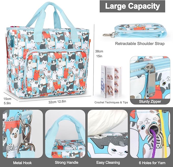 Katech Yarn Storage Bag-Large Capacity Knitting Crochet Bag Organizer-Multipocket Portable Crochet Yarn Storage Organizer for Crocheting Project, Knitting Needles, Crochet Hooks and Yarn