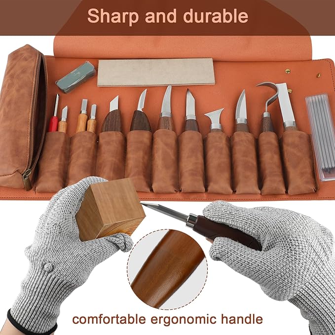 Deluxe Wood Carving Kit, Wood Carving Tools Set, 8Pcs Whittling Knifes&5Pcs Detail Carving Knives with Large Leather Case & Gloves, Wood Whittling Kit for Beginners and Carpenter Experts